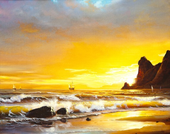 Oil painting on canvas - sailboats at sea sunset
